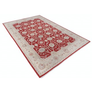 Hand Knotted Floral Area Rug with Red Field and Beige Border | Traditional Oushak Wool Carpet