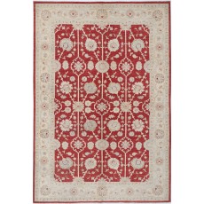 Hand Knotted Floral Area Rug with Red Field and Beige Border | Traditional Oushak Wool Carpet