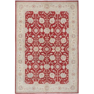 Hand Knotted Floral Area Rug with Red Field and Beige Border | Traditional Oushak Wool Carpet