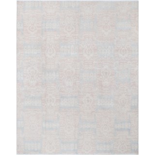 Hand Knotted Blush, Light Blue Wool Area Rug | Turkish Geometric Design Large Carpet for Living Room
