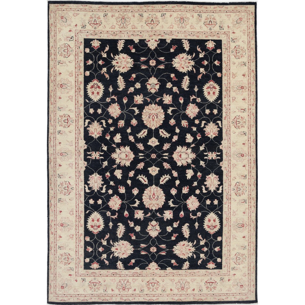 Hand Knotted Floral Oushak Large Area Rug with Black Field and Beige Border | 100% Wool Hand Knotted Floral Oushak Large Area Rug with Black Field and Beige Border | 100% Wool