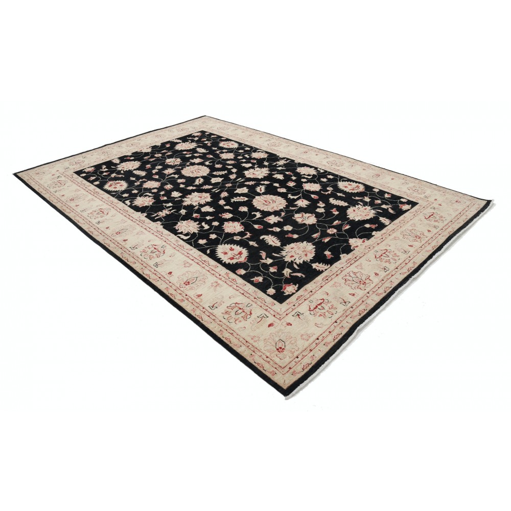 Hand Knotted Floral Oushak Large Area Rug with Black Field and Beige Border | 100% Wool Hand Knotted Floral Oushak Large Area Rug with Black Field and Beige Border | 100% Wool