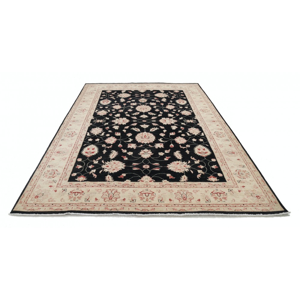 Hand Knotted Floral Oushak Large Area Rug with Black Field and Beige Border | 100% Wool Hand Knotted Floral Oushak Large Area Rug with Black Field and Beige Border | 100% Wool
