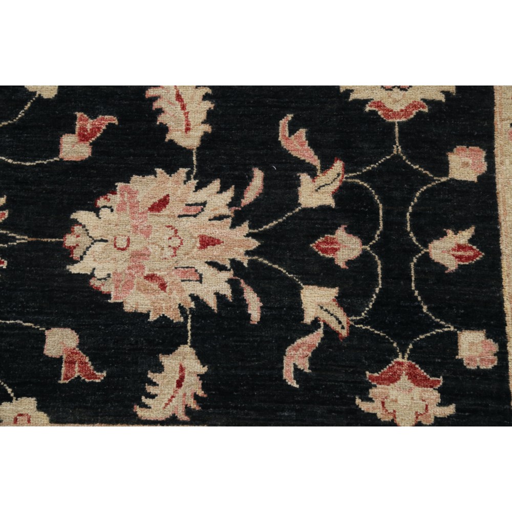 Hand Knotted Floral Oushak Large Area Rug with Black Field and Beige Border | 100% Wool Hand Knotted Floral Oushak Large Area Rug with Black Field and Beige Border | 100% Wool