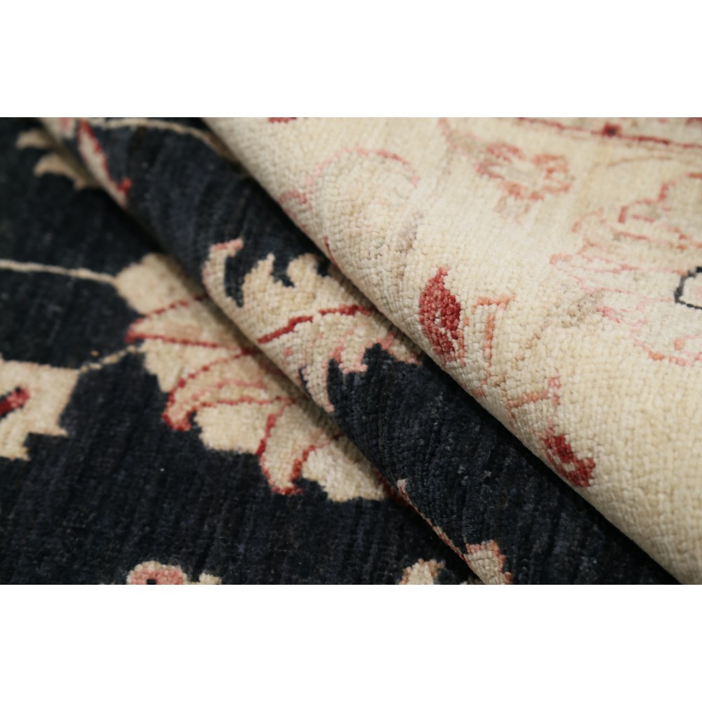 Hand Knotted Floral Oushak Large Area Rug with Black Field and Beige Border | 100% Wool Hand Knotted Floral Oushak Large Area Rug with Black Field and Beige Border | 100% Wool