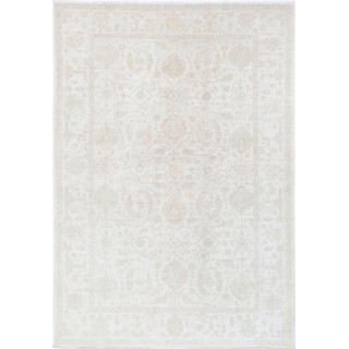 Hand Knotted Oushak Area Rug, Beige Wool Carpet with Soft Pastel Medallion Pattern, Neutral Vintage Style Rug for Living Room