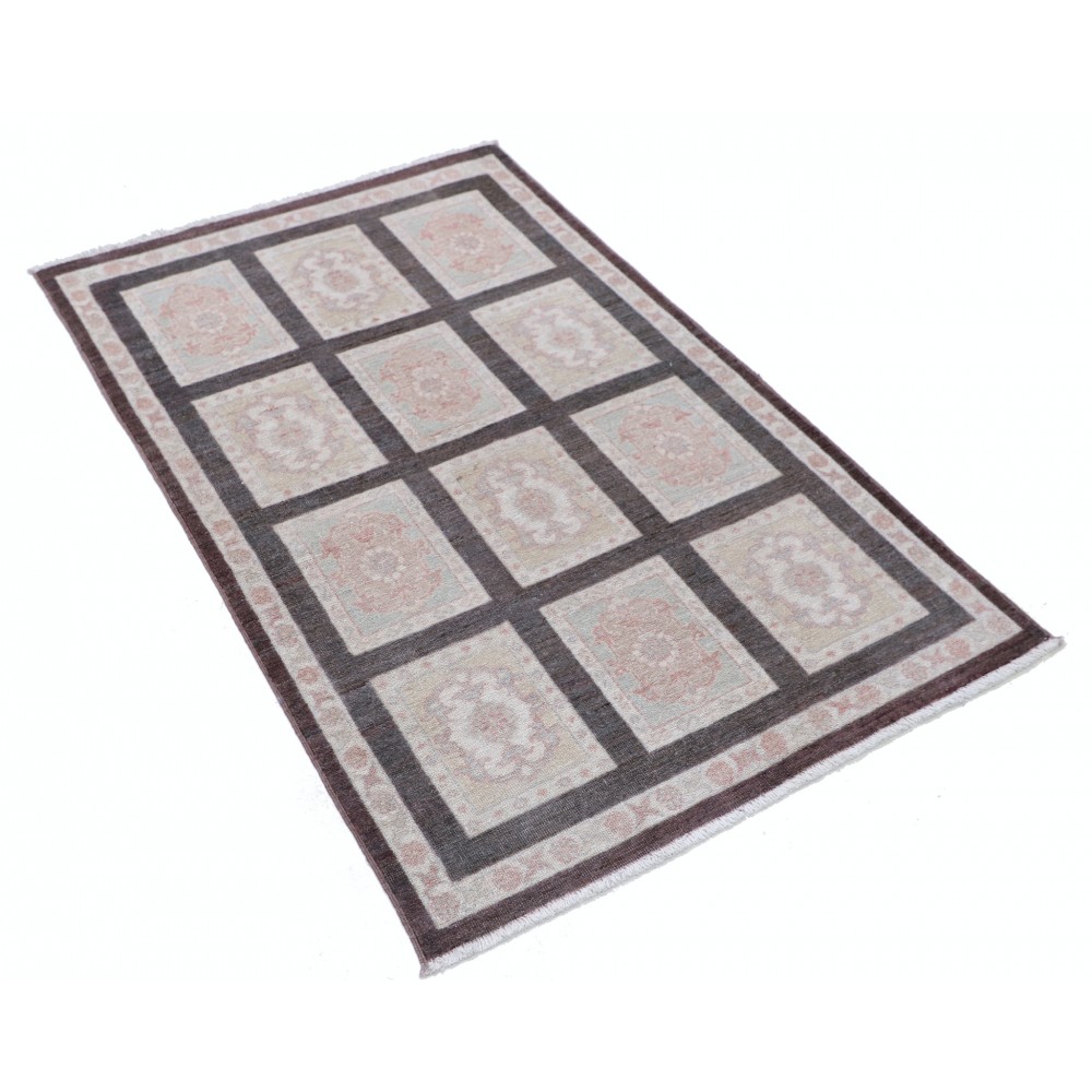 Hand Knotted Brown, Ivory, Blush Wool Area Rug | Turkish Panel Motif Accent Rug Hand Knotted Brown, Ivory, Blush Wool Area Rug | Turkish Panel Motif Accent Rug