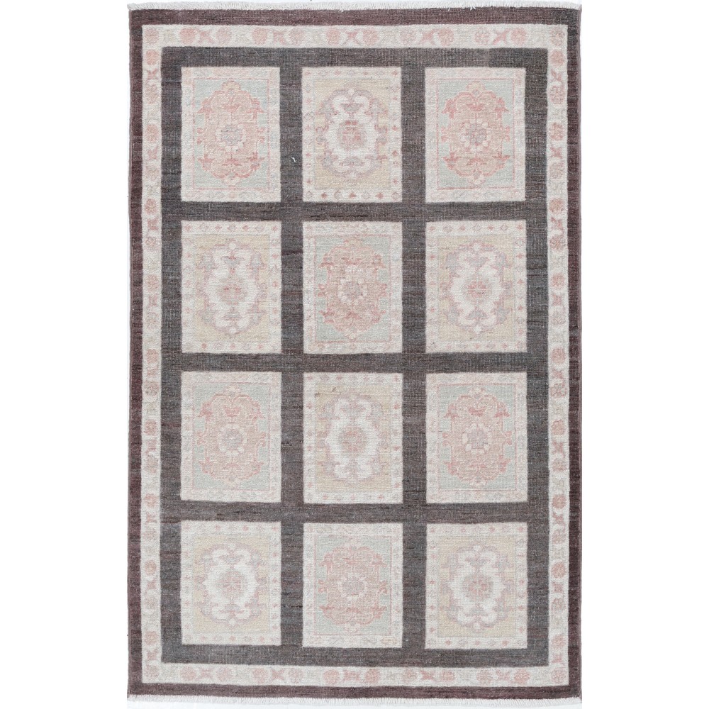 Hand Knotted Brown, Ivory, Blush Wool Area Rug | Turkish Panel Motif Accent Rug Hand Knotted Brown, Ivory, Blush Wool Area Rug | Turkish Panel Motif Accent Rug