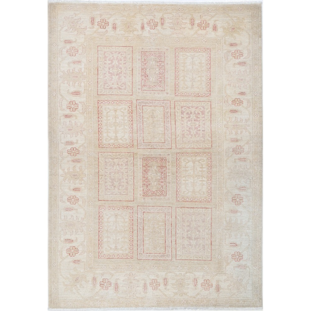 Hand Knotted Beige, Red Wool Area Rug | Soft Geometric Panel Patterned Small Rug Hand Knotted Beige, Red Wool Area Rug | Soft Geometric Panel Patterned Small Rug