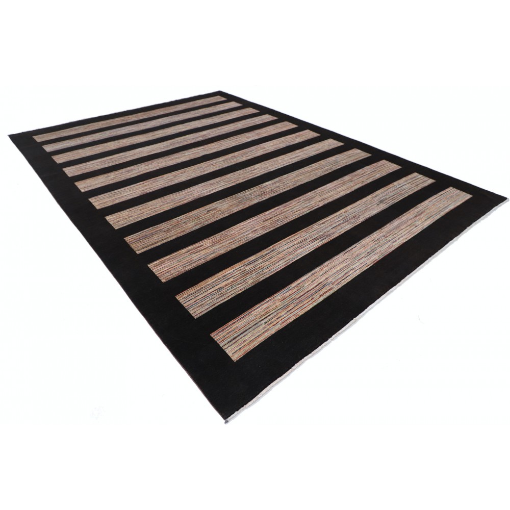 Hand Knotted Brown and Beige Wool Area Rug | Minimal Striped Design Carpet Hand Knotted Brown and Beige Wool Area Rug | Minimal Striped Design Carpet