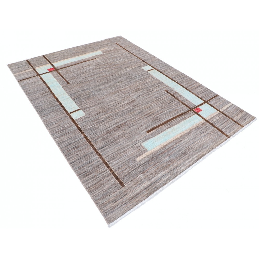 Hand Knotted Gray, Light Blue and Brown Wool Area Rug | Abstract Linear Geometric Design Carpet Hand Knotted Gray, Light Blue and Brown Wool Area Rug | Abstract Linear Geometric Design Carpet