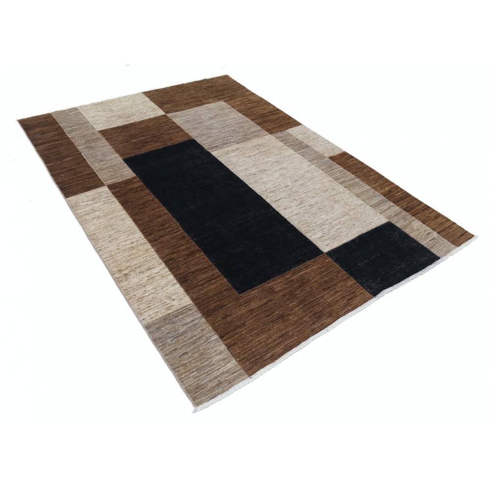 Hand Knotted Brown, Beige and Navy Blue Wool Area Rug | Modern Geometric Block Design Carpet Hand Knotted Brown, Beige and Navy Blue Wool Area Rug | Modern Geometric Block Design Carpet