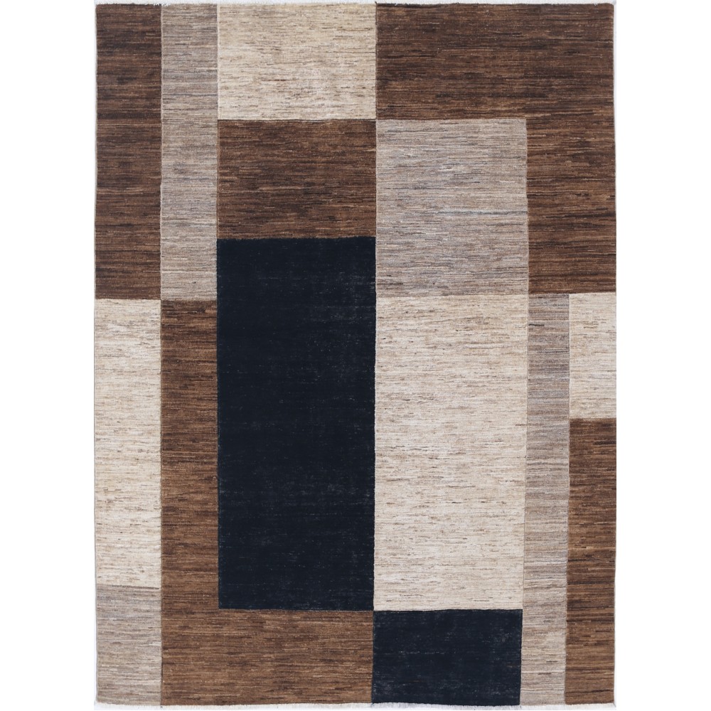 Hand Knotted Brown, Beige and Navy Blue Wool Area Rug | Modern Geometric Block Design Carpet Hand Knotted Brown, Beige and Navy Blue Wool Area Rug | Modern Geometric Block Design Carpet