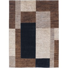 Hand Knotted Brown, Beige and Navy Blue Wool Area Rug | Modern Geometric Block Design Carpet