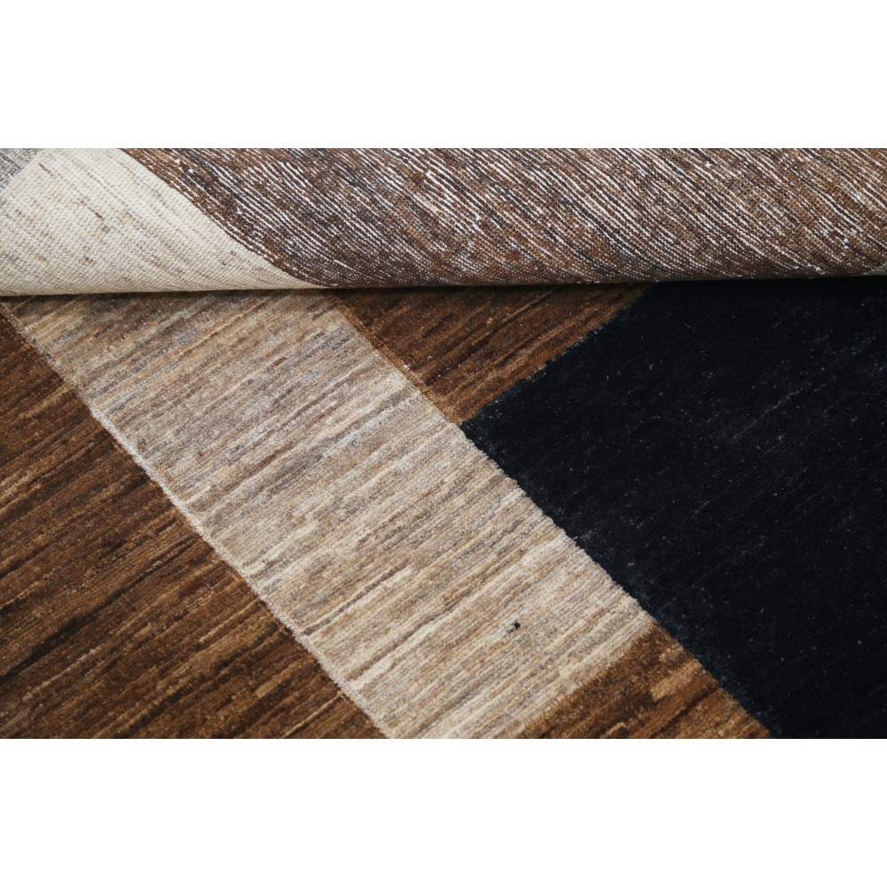 Hand Knotted Brown, Beige and Navy Blue Wool Area Rug | Modern Geometric Block Design Carpet Hand Knotted Brown, Beige and Navy Blue Wool Area Rug | Modern Geometric Block Design Carpet