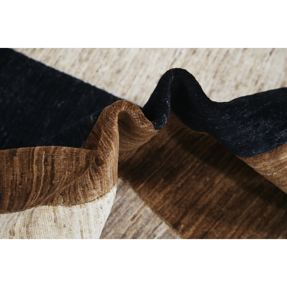 Hand Knotted Brown, Beige and Navy Blue Wool Area Rug | Modern Geometric Block Design Carpet Hand Knotted Brown, Beige and Navy Blue Wool Area Rug | Modern Geometric Block Design Carpet
