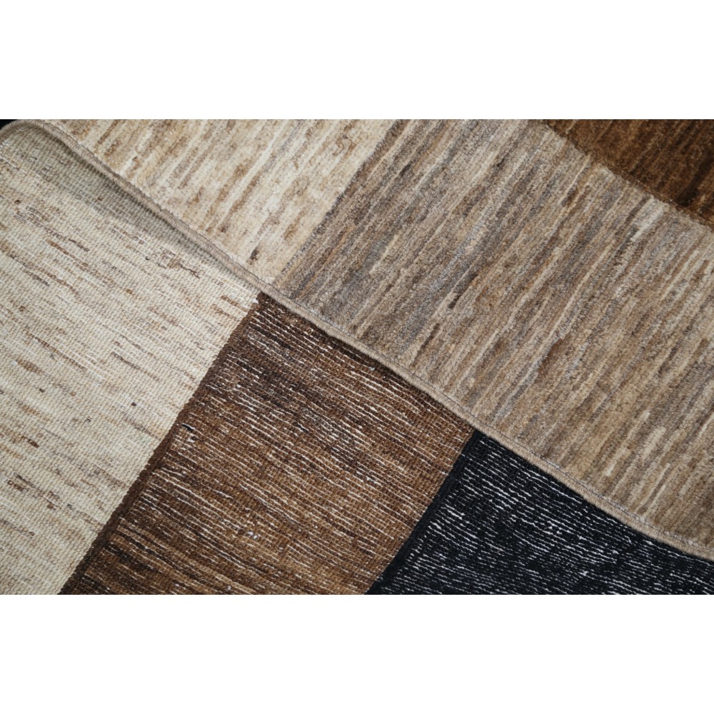Hand Knotted Brown, Beige and Navy Blue Wool Area Rug | Modern Geometric Block Design Carpet Hand Knotted Brown, Beige and Navy Blue Wool Area Rug | Modern Geometric Block Design Carpet