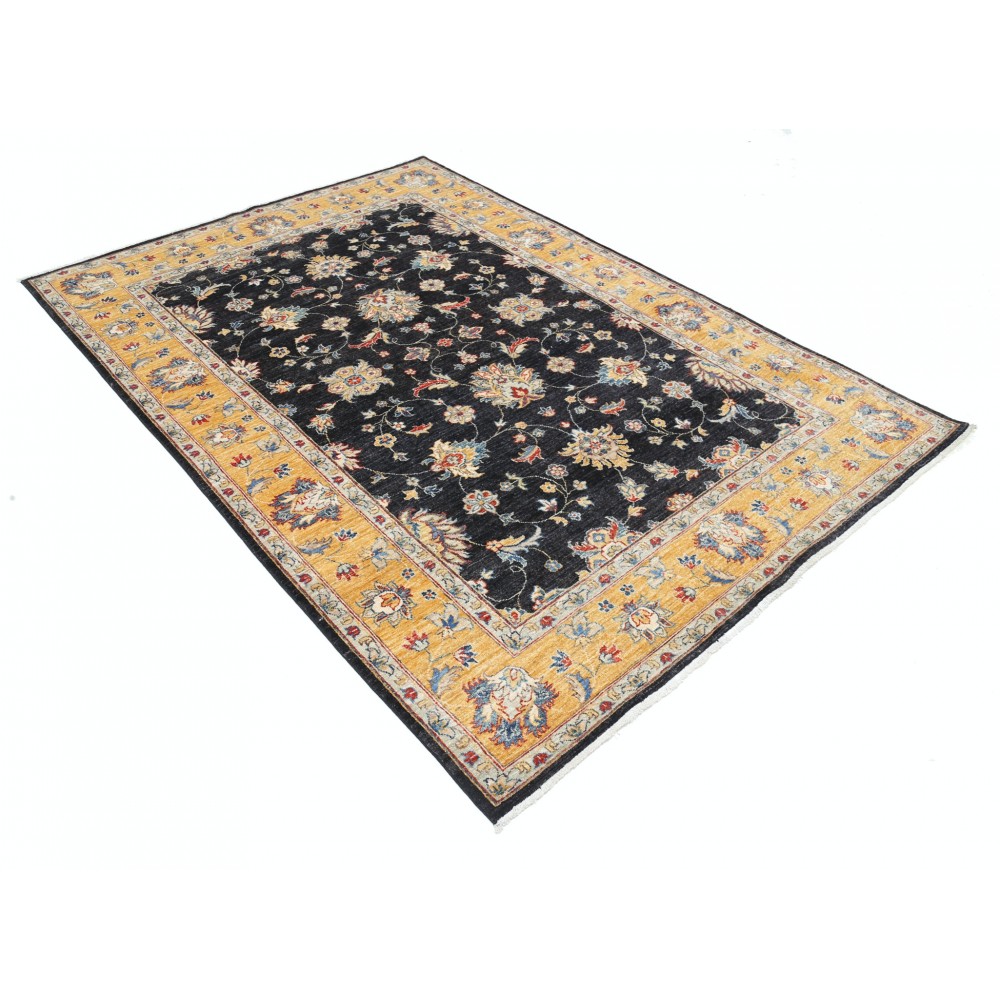 Hand Knotted Floral Area Rug with Black Field and Mustard Yellow Border | Traditional Oushak Wool Carpet Hand Knotted Floral Area Rug with Black Field and Mustard Yellow Border | Traditional Oushak Wool Carpet