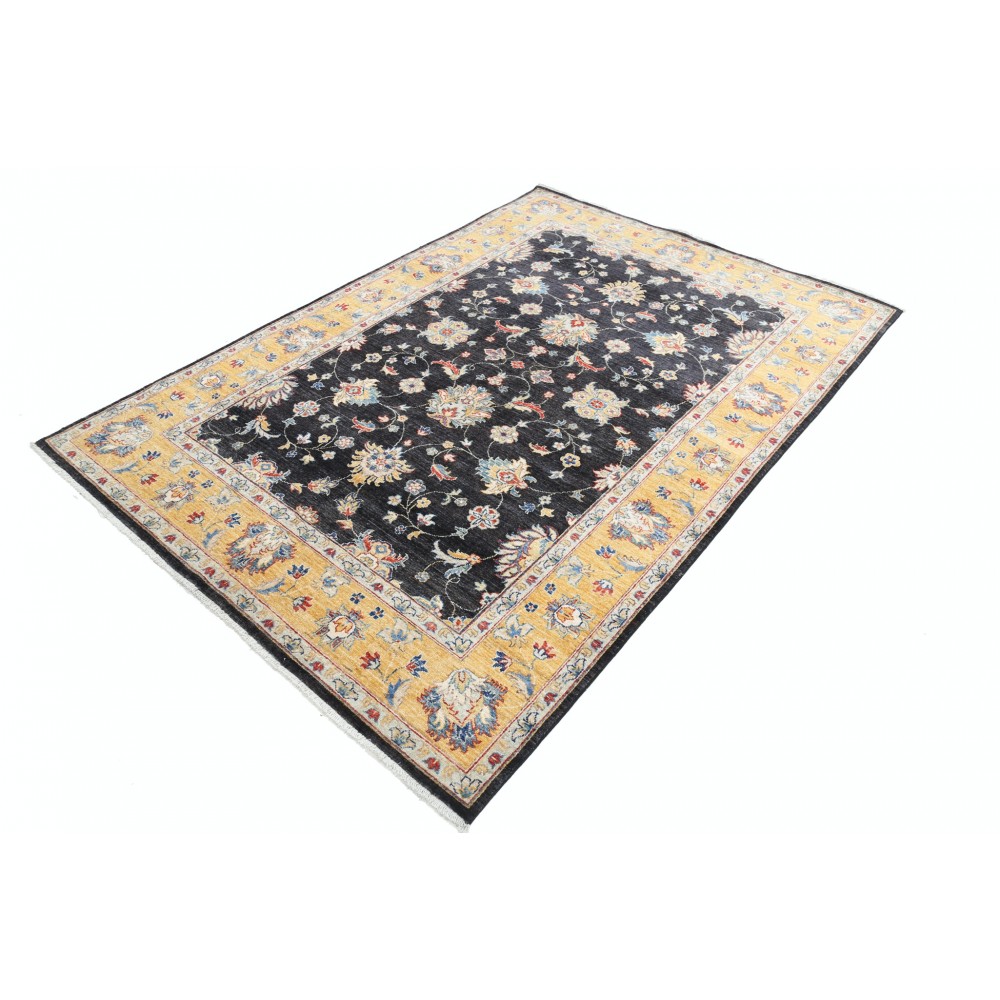 Hand Knotted Floral Area Rug with Black Field and Mustard Yellow Border | Traditional Oushak Wool Carpet Hand Knotted Floral Area Rug with Black Field and Mustard Yellow Border | Traditional Oushak Wool Carpet
