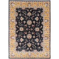 Hand Knotted Floral Area Rug with Black Field and Mustard Yellow Border | Traditional Oushak Wool Carpet