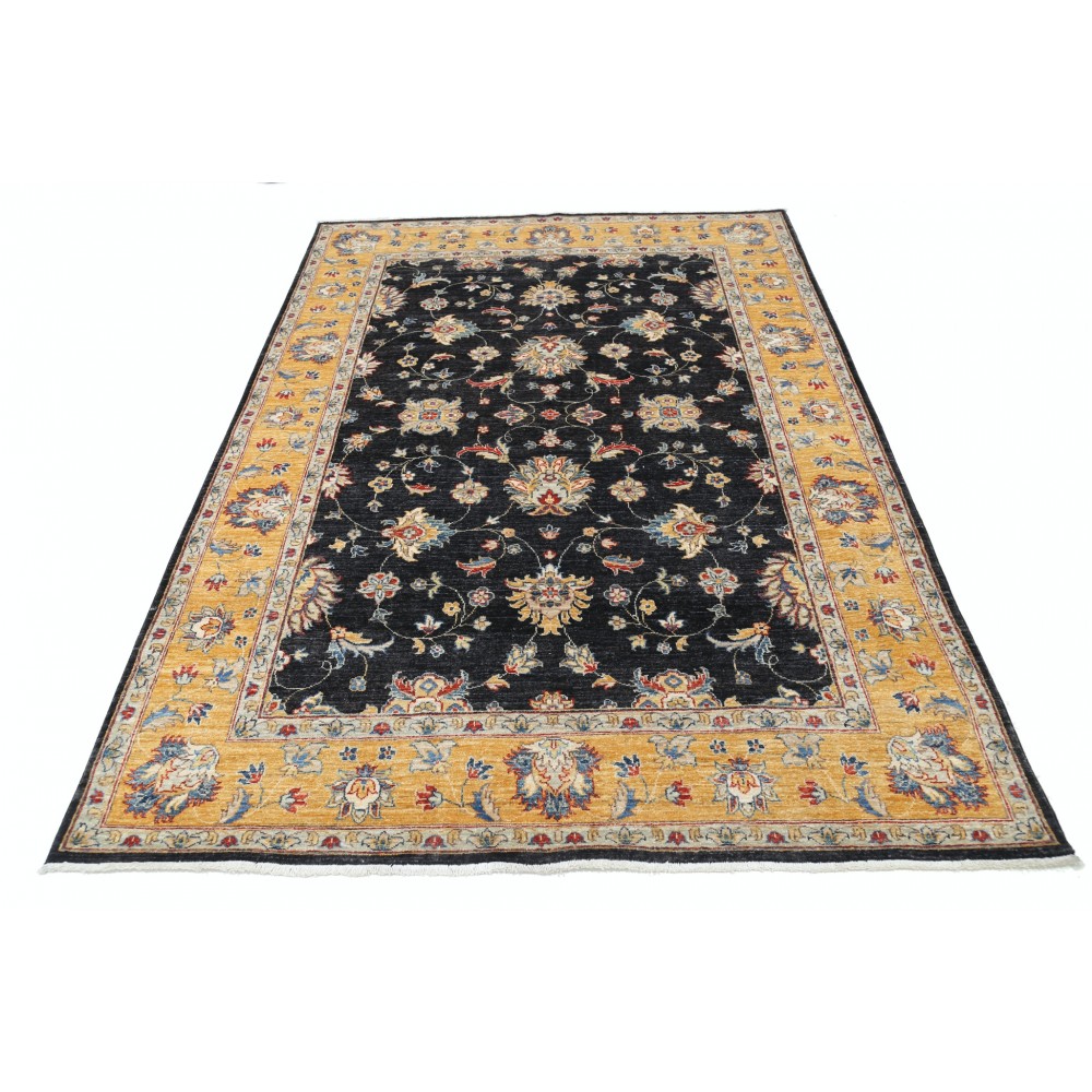 Hand Knotted Floral Area Rug with Black Field and Mustard Yellow Border | Traditional Oushak Wool Carpet Hand Knotted Floral Area Rug with Black Field and Mustard Yellow Border | Traditional Oushak Wool Carpet
