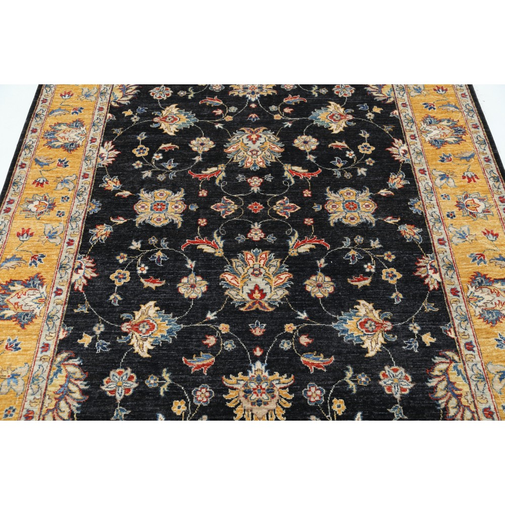 Hand Knotted Floral Area Rug with Black Field and Mustard Yellow Border | Traditional Oushak Wool Carpet Hand Knotted Floral Area Rug with Black Field and Mustard Yellow Border | Traditional Oushak Wool Carpet