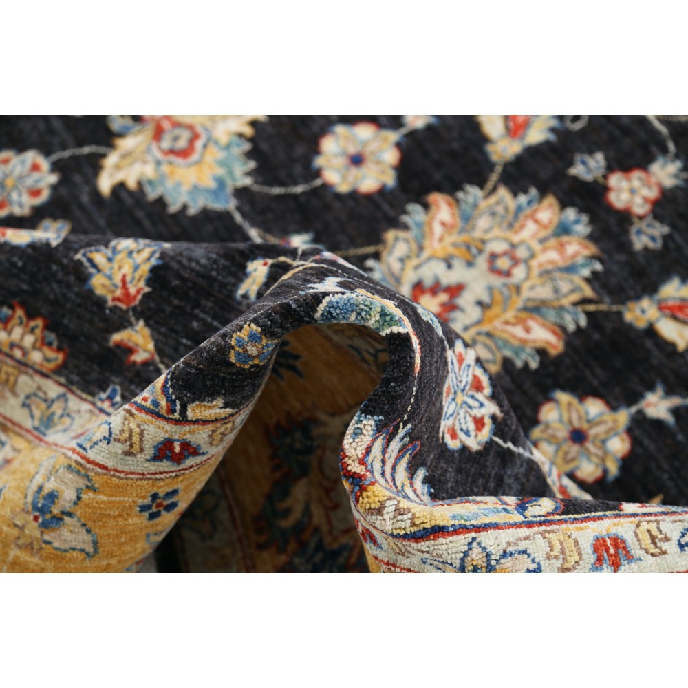 Hand Knotted Floral Area Rug with Black Field and Mustard Yellow Border | Traditional Oushak Wool Carpet Hand Knotted Floral Area Rug with Black Field and Mustard Yellow Border | Traditional Oushak Wool Carpet