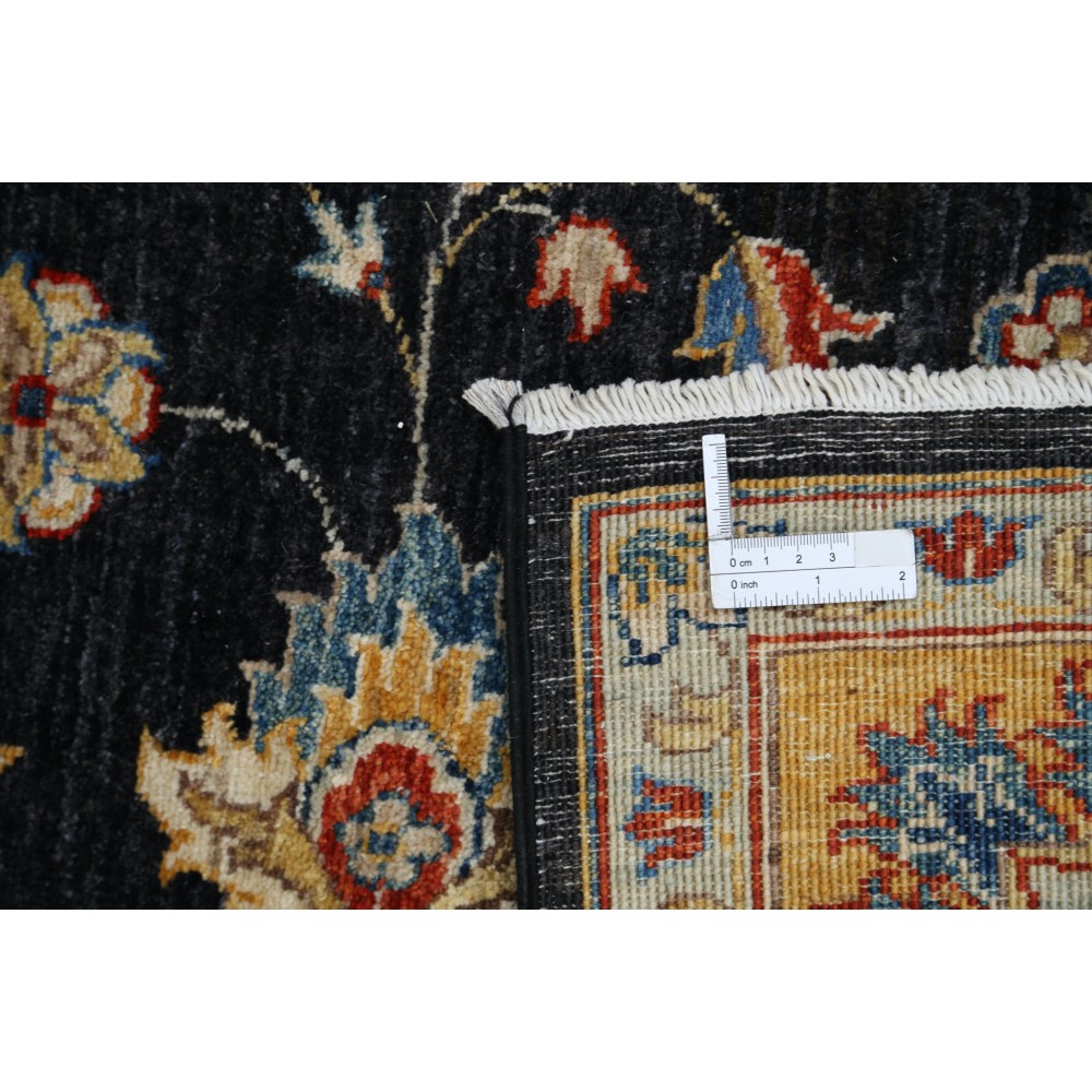 Hand Knotted Floral Area Rug with Black Field and Mustard Yellow Border | Traditional Oushak Wool Carpet Hand Knotted Floral Area Rug with Black Field and Mustard Yellow Border | Traditional Oushak Wool Carpet