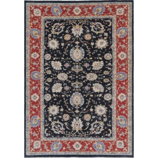 Hand Knotted Floral Turkish Area Rug with Black Field and Red Border | Wool Carpet for Home Decor