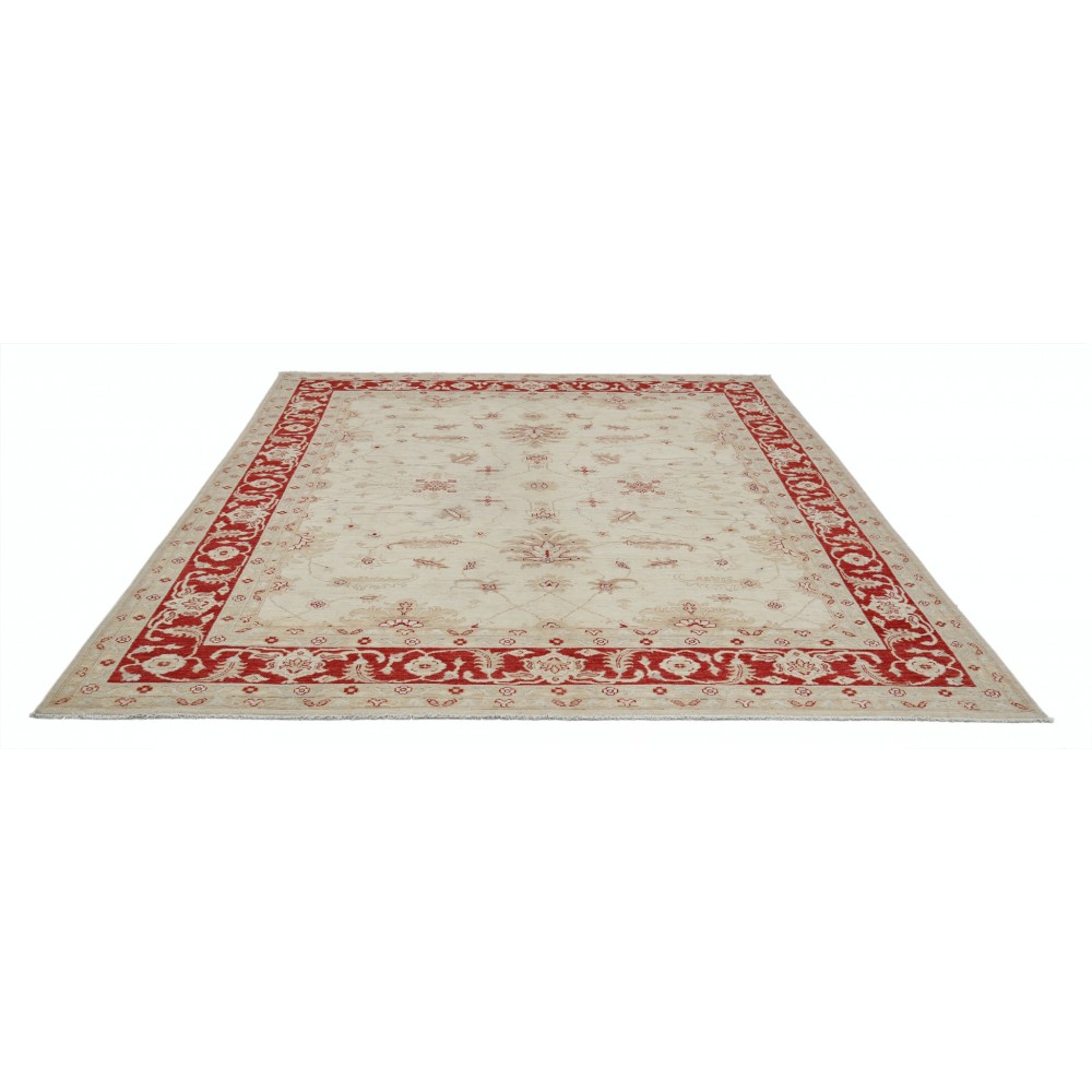 Hand Knotted Floral Area Rug with Beige Field and Red Border | Traditional Oushak Wool Carpet Hand Knotted Floral Area Rug with Beige Field and Red Border | Traditional Oushak Wool Carpet