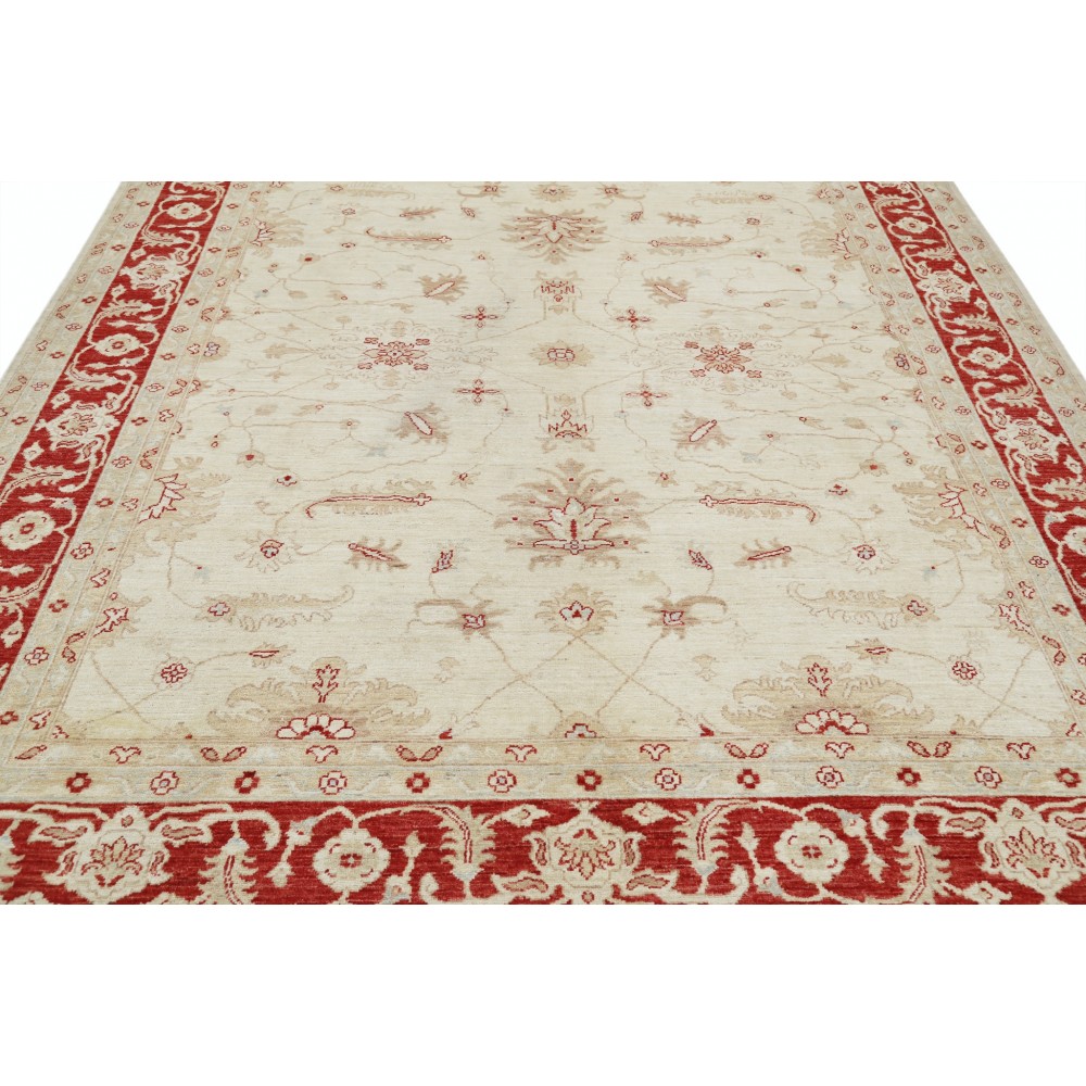 Hand Knotted Floral Area Rug with Beige Field and Red Border | Traditional Oushak Wool Carpet Hand Knotted Floral Area Rug with Beige Field and Red Border | Traditional Oushak Wool Carpet