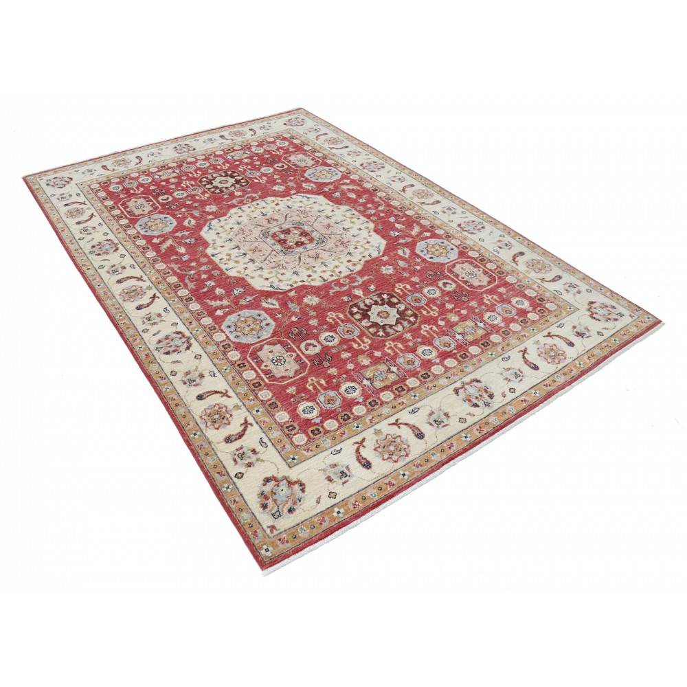 Hand Knotted Red, Ivory and Light Blue Wool Area Rug | Turkish Medallion Design Rug Hand Knotted Red, Ivory and Light Blue Wool Area Rug | Turkish Medallion Design Rug