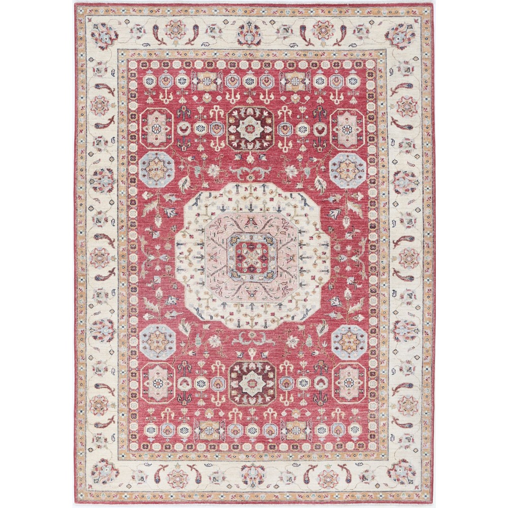Hand Knotted Red, Ivory and Light Blue Wool Area Rug | Turkish Medallion Design Rug Hand Knotted Red, Ivory and Light Blue Wool Area Rug | Turkish Medallion Design Rug