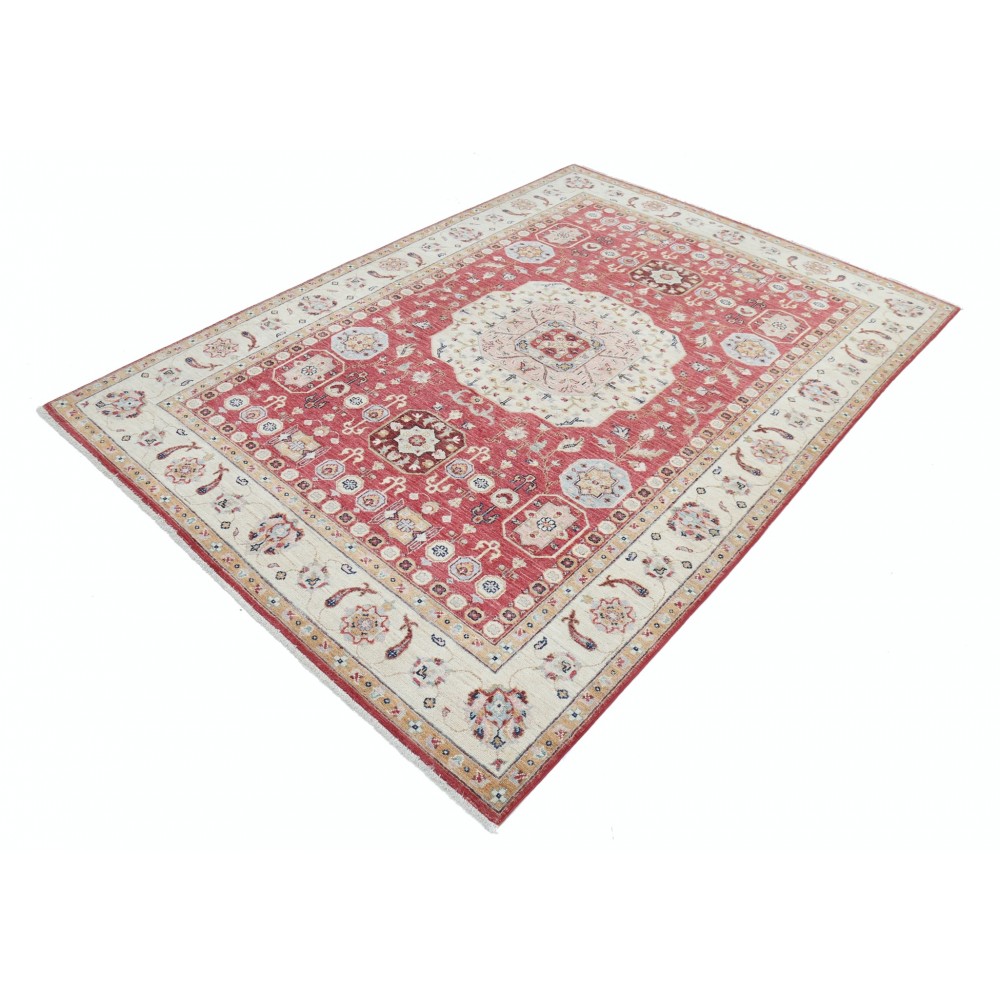 Hand Knotted Red, Ivory and Light Blue Wool Area Rug | Turkish Medallion Design Rug Hand Knotted Red, Ivory and Light Blue Wool Area Rug | Turkish Medallion Design Rug