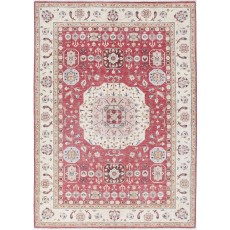 Hand Knotted Red, Ivory and Light Blue Wool Area Rug | Turkish Medallion Design Rug
