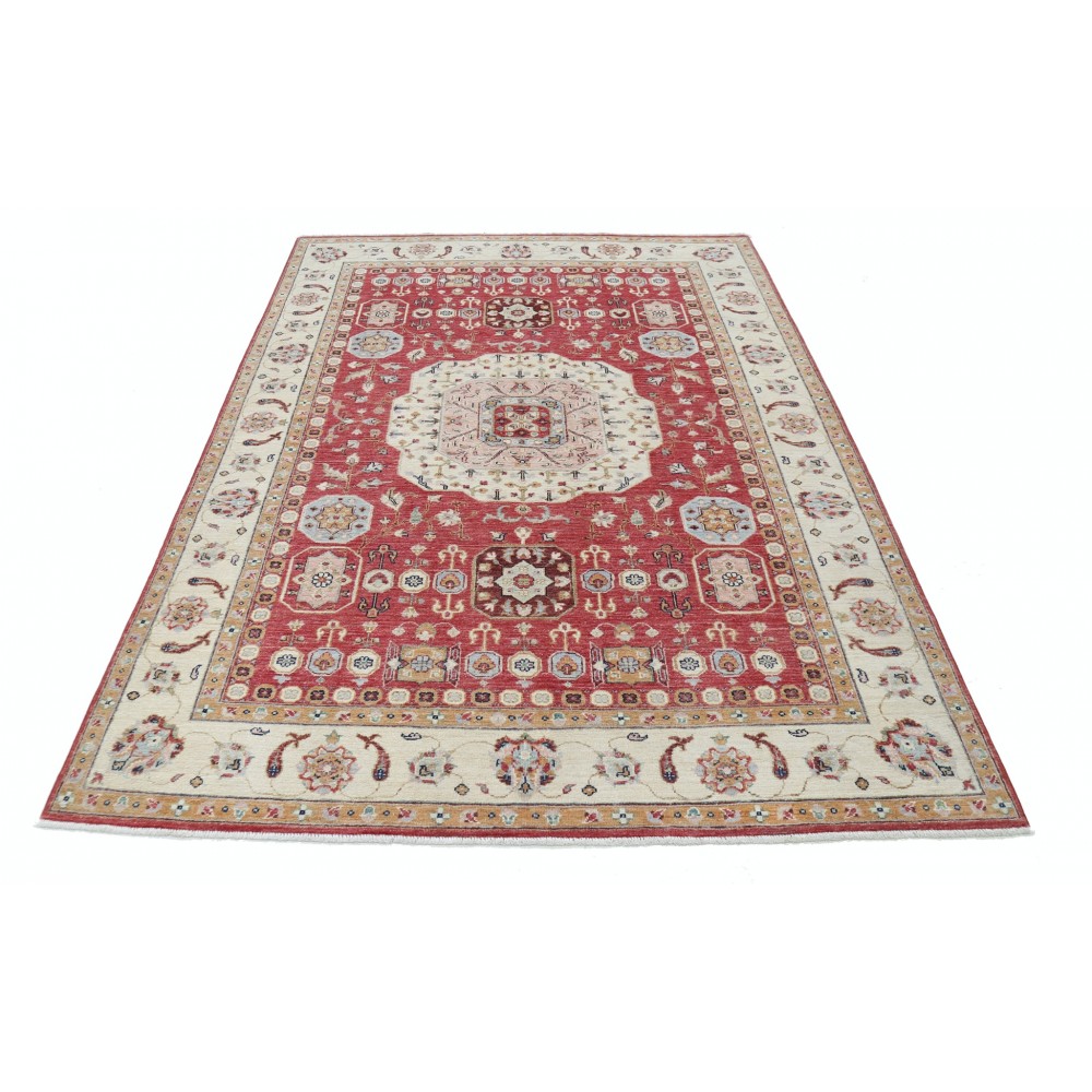 Hand Knotted Red, Ivory and Light Blue Wool Area Rug | Turkish Medallion Design Rug Hand Knotted Red, Ivory and Light Blue Wool Area Rug | Turkish Medallion Design Rug