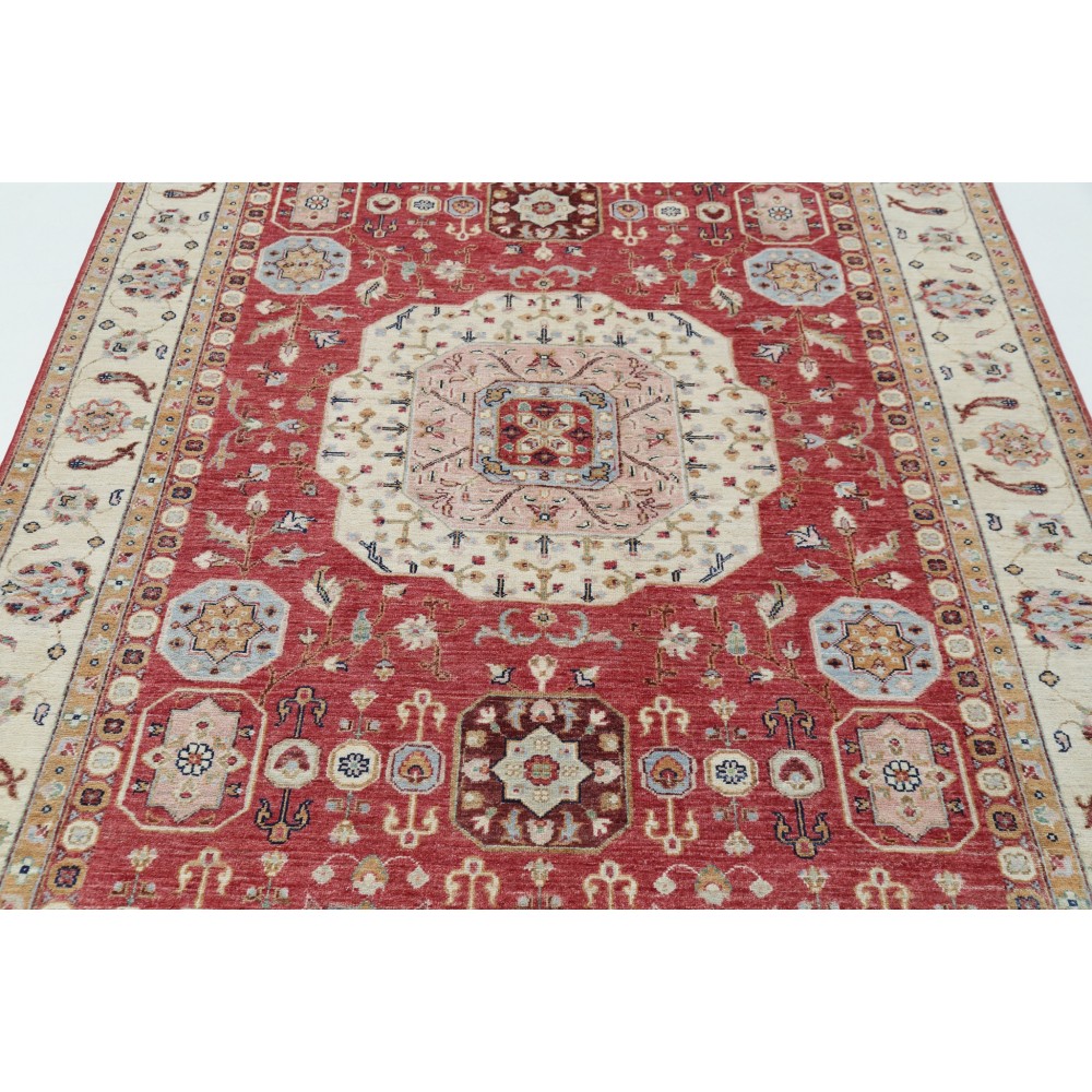 Hand Knotted Red, Ivory and Light Blue Wool Area Rug | Turkish Medallion Design Rug Hand Knotted Red, Ivory and Light Blue Wool Area Rug | Turkish Medallion Design Rug