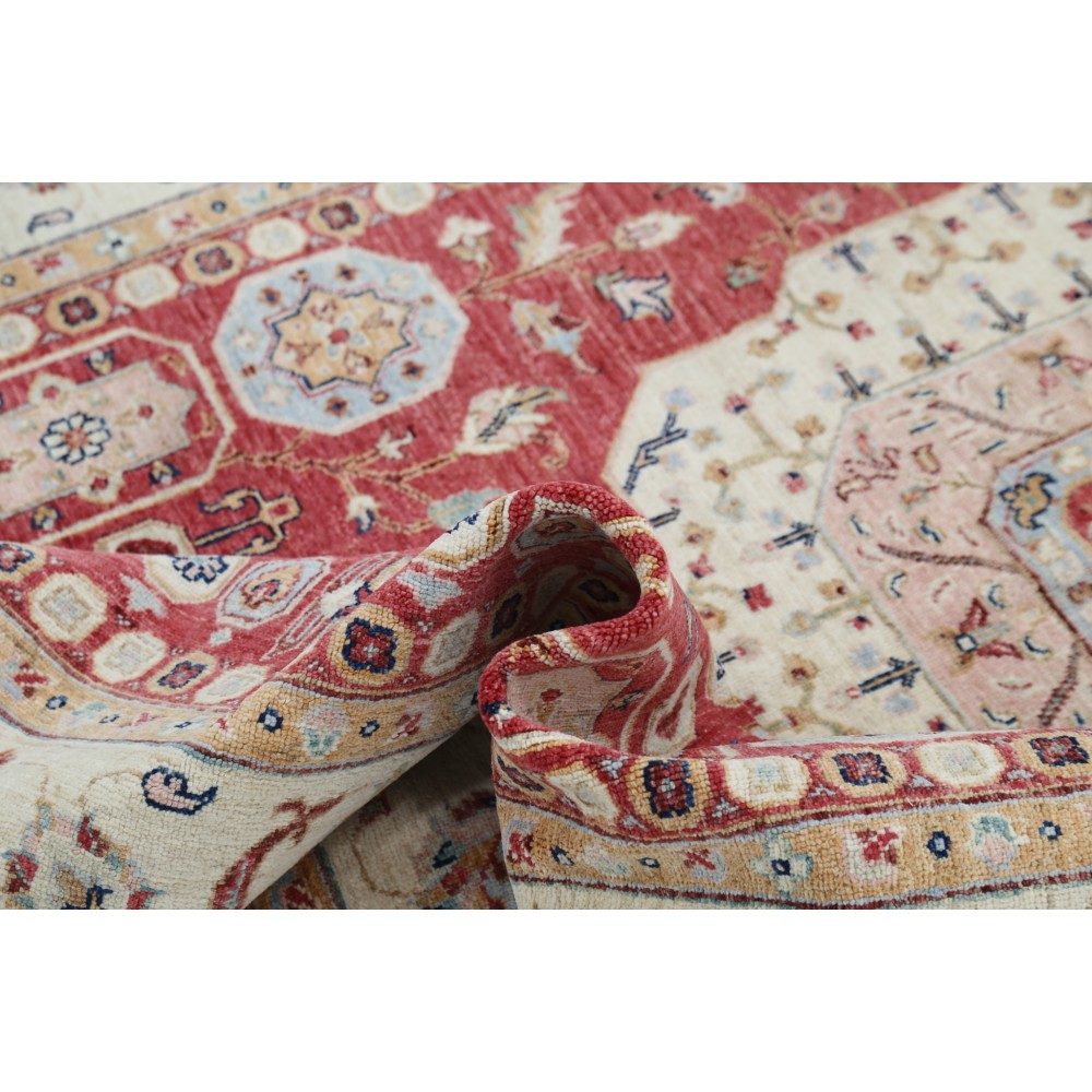 Hand Knotted Red, Ivory and Light Blue Wool Area Rug | Turkish Medallion Design Rug Hand Knotted Red, Ivory and Light Blue Wool Area Rug | Turkish Medallion Design Rug