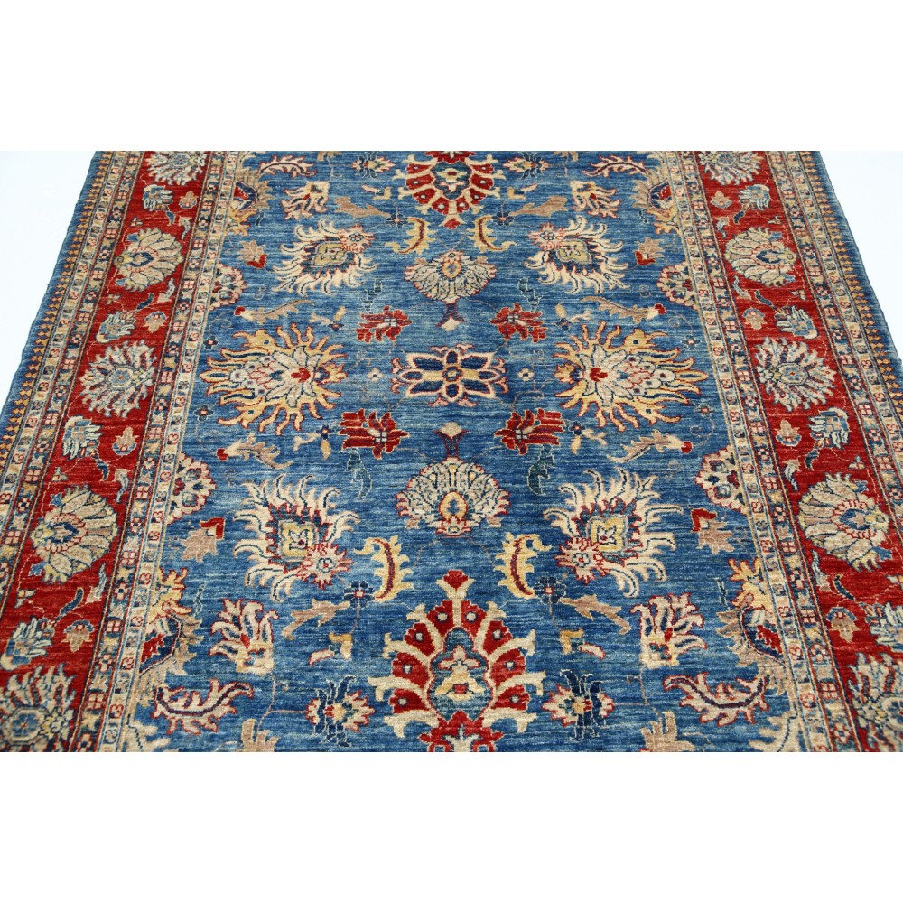 Hand Knotted Light Blue, Red and Ivory Wool Area Rug with Floral Design