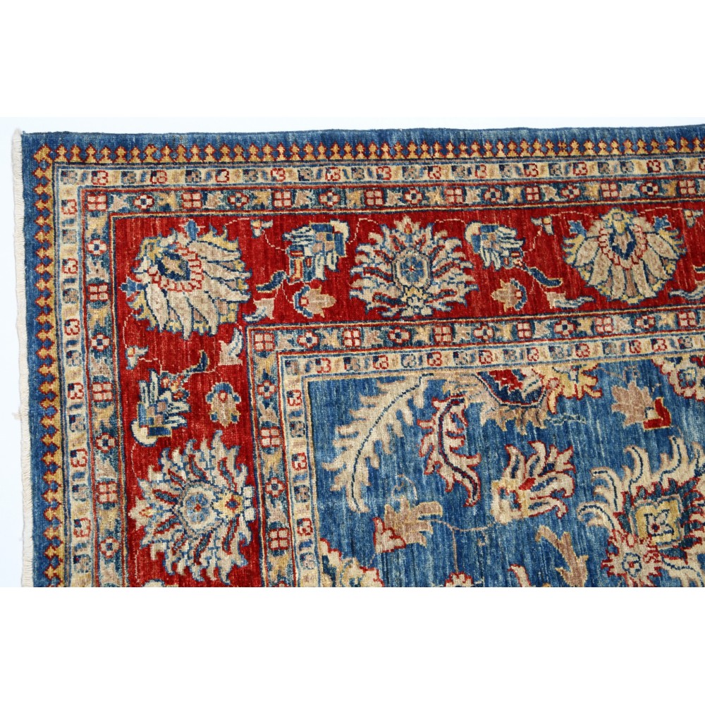 Hand Knotted Light Blue, Red and Ivory Wool Area Rug with Floral Design