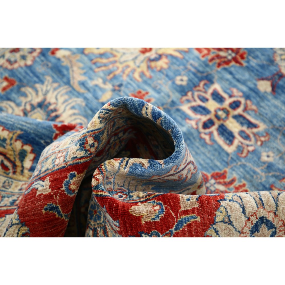 Hand Knotted Light Blue, Red and Ivory Wool Area Rug with Floral Design