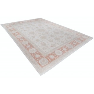 Hand Knotted Floral Area Rug with Beige Field and Red Border | Traditional Oushak Wool Carpet