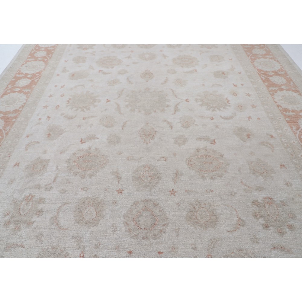 Hand Knotted Floral Area Rug with Beige Field and Red Border | Traditional Oushak Wool Carpet Hand Knotted Floral Area Rug with Beige Field and Red Border | Traditional Oushak Wool Carpet