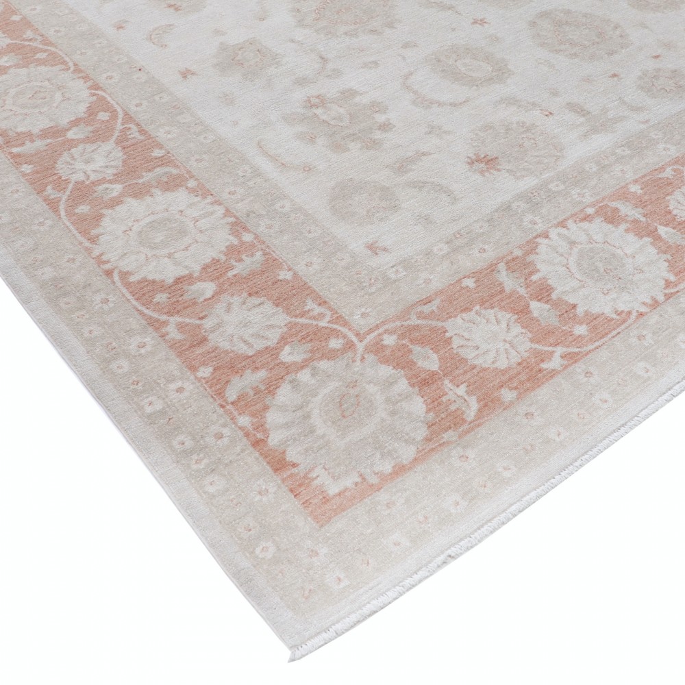 Hand Knotted Floral Area Rug with Beige Field and Red Border | Traditional Oushak Wool Carpet Hand Knotted Floral Area Rug with Beige Field and Red Border | Traditional Oushak Wool Carpet