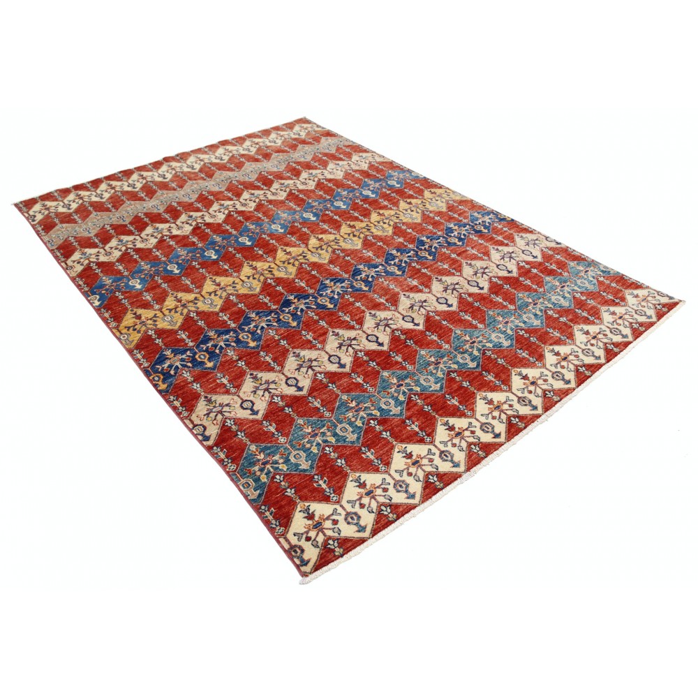 Hand Knotted Red, Ivory and Navy Blue Wool Area Rug with Diamond Geometric Design