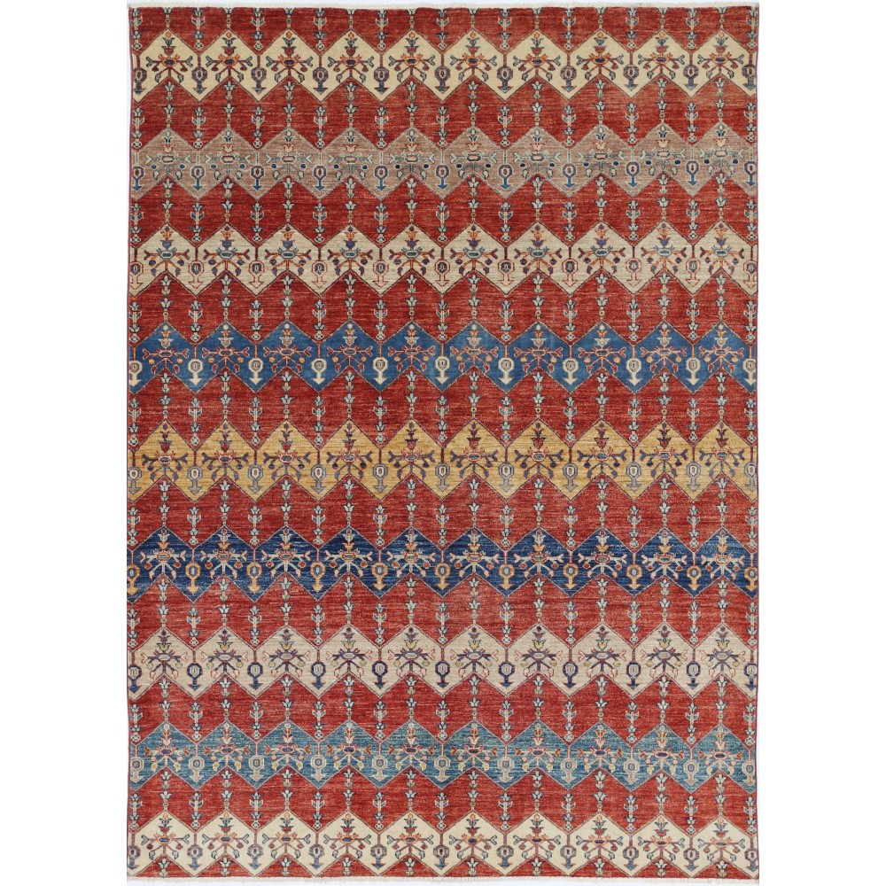Hand Knotted Red, Ivory and Navy Blue Wool Area Rug with Diamond Geometric Design