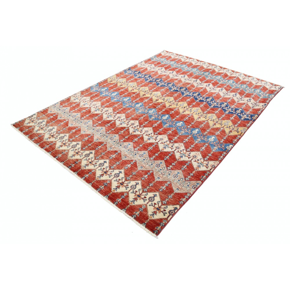 Hand Knotted Red, Ivory and Navy Blue Wool Area Rug with Diamond Geometric Design