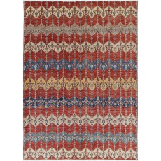 Hand Knotted Red, Ivory and Navy Blue Wool Area Rug with Diamond Geometric Design