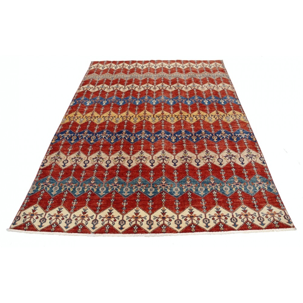 Hand Knotted Red, Ivory and Navy Blue Wool Area Rug with Diamond Geometric Design
