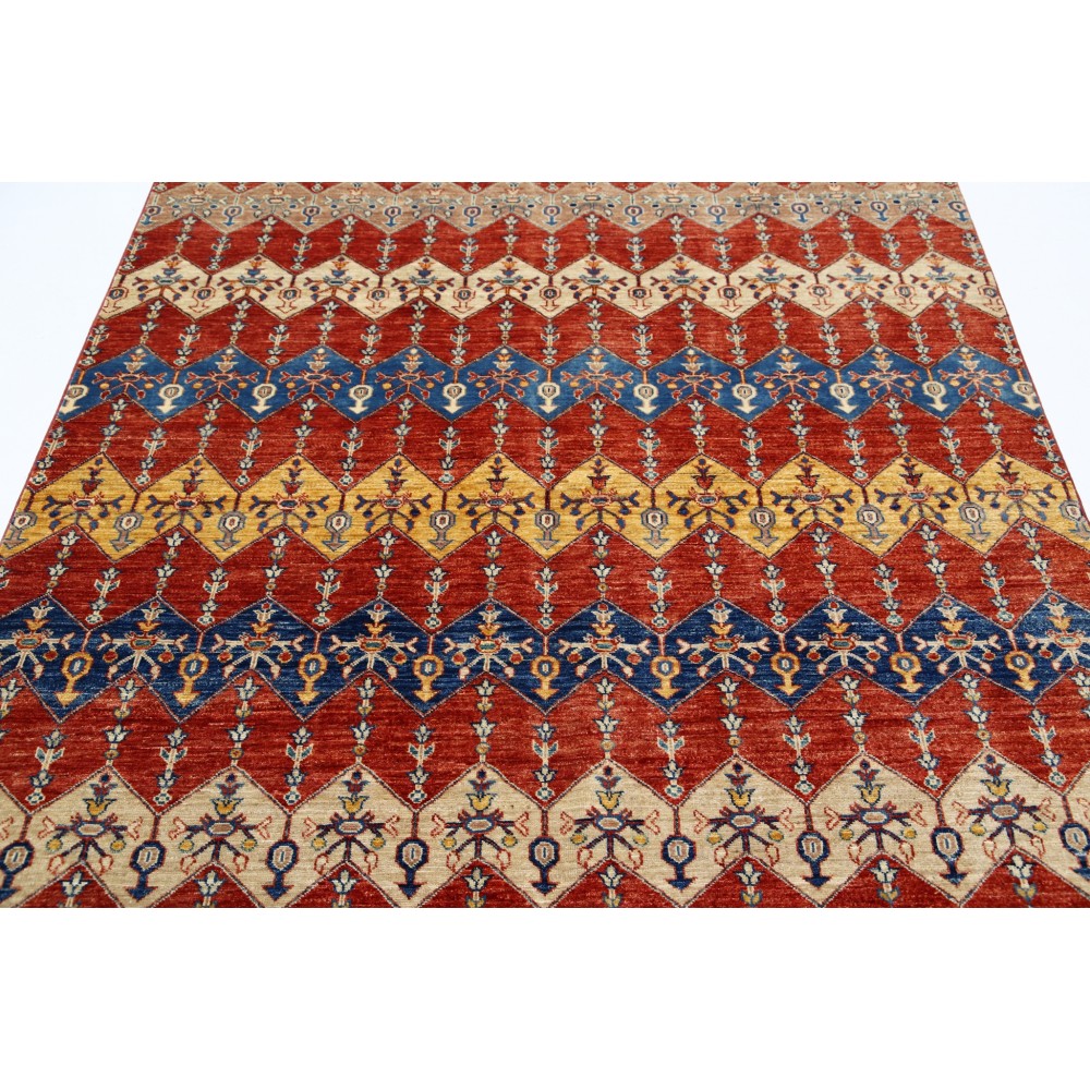 Hand Knotted Red, Ivory and Navy Blue Wool Area Rug with Diamond Geometric Design